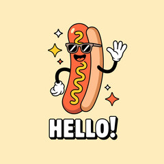 This whimsical hot dog character wears sunglasses and waves, exuding friendliness and fun, making it perfect for food branding, events, or playful marketing campaigns.
