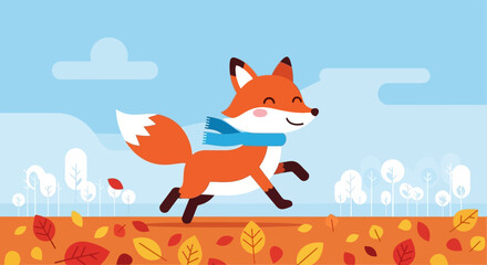 Modern Flat Cartoon Happy Fox Running Through Autumnal Landscape Illustration