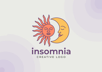 Creative logo design featuring a sun and moon combination, representing insomnia, dream, and the night, perfect for branding in wellness and mental care industries.