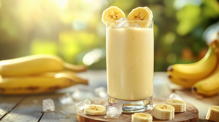 Creamy banana shake served on a wooden table with fresh bananas  