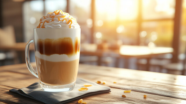 Butterscotch latte served in glass on wooden table with sunlight  