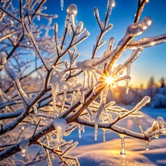 Sunlight streams through icy branches covered in snow and frost