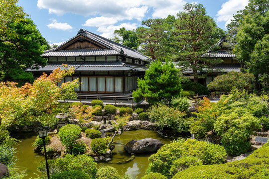 Nara, Japan - July 25, 2025: Tea house in Yoshiki-en Garden
