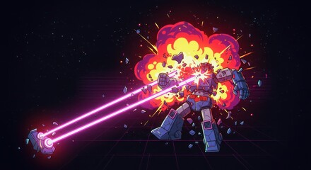 A robot is struck by pink lasers causing an explosion of red yellow and purple fragments It stands against a dark background with a grid pattern