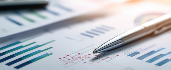 The Pen Pointing at Financial Charts and Business Graphs on Printed Reports