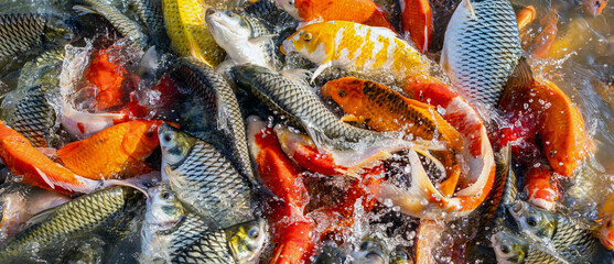 koi fish colorful on the water surface, fancy carp swimming in pond, many fish on the water surface