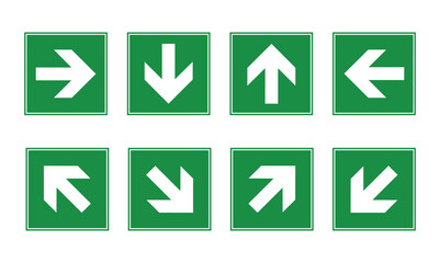 Green emergency exit direction sign set, safety assembly point symbol, escape help evacuation, straight pointer arrow. vector illustration eps file