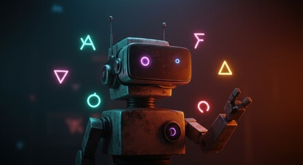 A rusted robot stands amidst floating neon shapes its head resembling a VR headset with glowing eyes