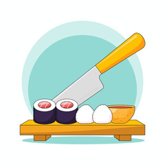 This illustration presents a delicious sushi platter, featuring sushi rolls, a traditional knife, perfect for culinary and food-related concepts in design.