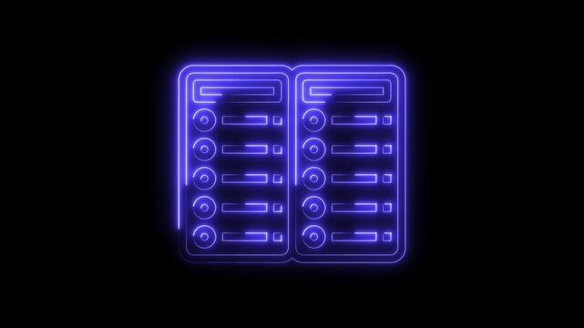 Neon style server room database system outline with dark background technology and network