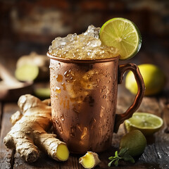 Copper mug filled with ginger beer and lime slices on rustic table  