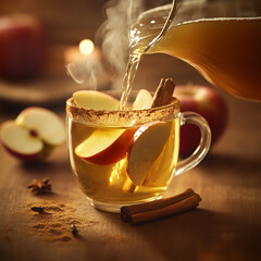 Hot apple cider being poured into a glass with cinnamon sticks and apples  