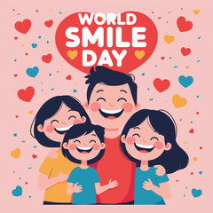 Minimal flat World Smile Day vector art with smiley faces, balloons, flowers, hearts, diverse people, cartoon children, cute animals, joyful friends, emotional wellness theme, solid color flat design