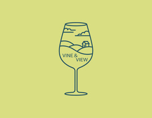 A whimsical logo design featuring a wine glass with a landscape inside, perfect for vineyards, wine brands, or any business that wants to evoke rustic charm and nature.