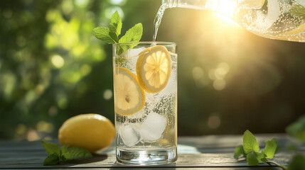 Fresh lemon drink being poured into glass with mint and ice outdoors  