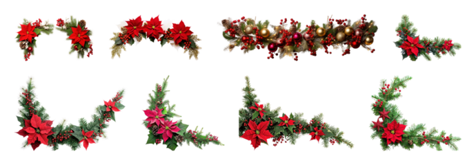 PNG Festive poinsettia Christmas garlands, element set on transparent background