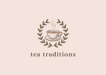 An elegant tea cup surrounded by a natural wreath design, representing tradition and warmth, ideal for a tea brand emphasizing heritage and quality in their beverages.
