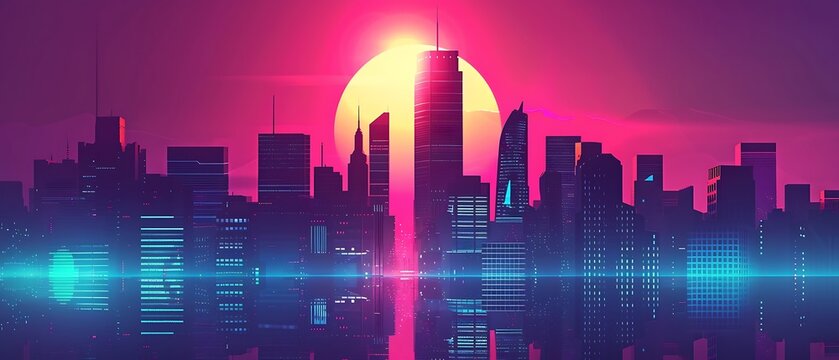 Vibrant city skyline reflecting a digital sunset casting retro futuristic glow
