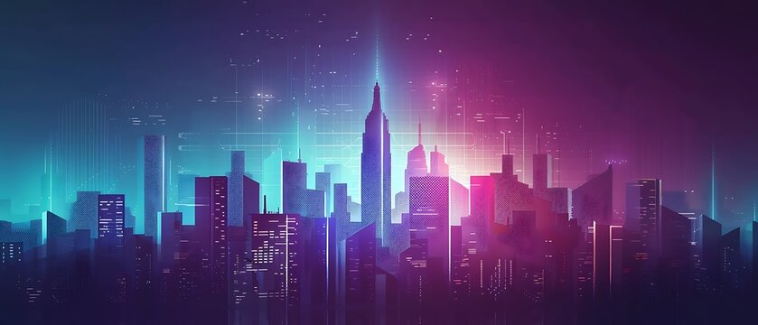 Abstract cityscape illustration with vibrant neon colors in futuristic style
