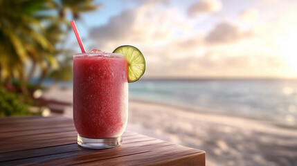 Frozen daiquiri served on wooden table with beach and palm trees  