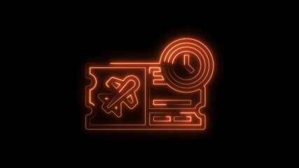 Airplane ticket icon animation with clock glowing orange on a black background concept - Powered by Adobe