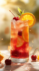 Refreshing fruit punch cocktail with ice and cherries in glass  