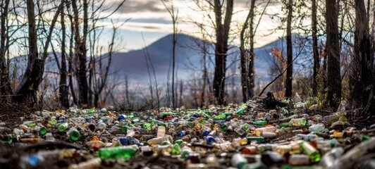 The Bottles Scattering Across a Forest Floor Representing Pollution and Environmental Neglect
