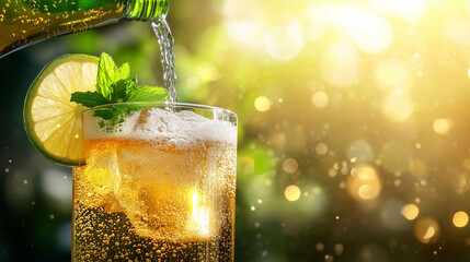 Ginger beer being poured into glass with lime and mint garnish  