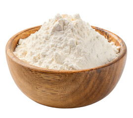 Close-up view of a wooden bowl filled with a generous mound of fine white flour