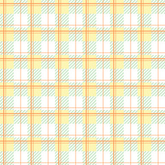A seamless pattern of light yellow gingham squares decorated with orange and green stripes. White background for wrapping paper, textiles, handkerchiefs, picnic mats, wallpaper, book covers, blankets