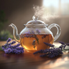 Glass teapot filled with lavender tea on wooden table with flowers  