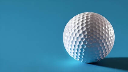 A close-up view of a textured white golf ball against a vibrant blue background, ideal for sports and leisure themes.