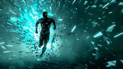 Energetic runner bursts through digital barriers in stunning futuristic scene