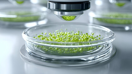 A close-up view of green microorganisms under a microscope in a petri dish, showcasing scientific research.