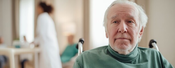 The elderly man in a wheelchair in a calm nursing home portrait