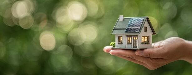 The House with Solar Panels Held in Hand Representing Sustainable Energy and Homeownership