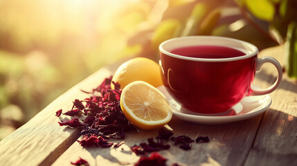 Hibiscus herbal tea in ceramic cup with lemon on wooden table  