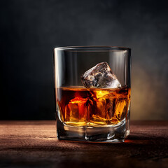 A refreshing glass of whiskey on the rocks, served with ice cubes against a dark, moody background.