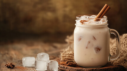 Horchata served in rustic mason jar with ice and cinnamon sticks  