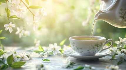 Jasmine green tea being poured into a cup surrounded by flowers  