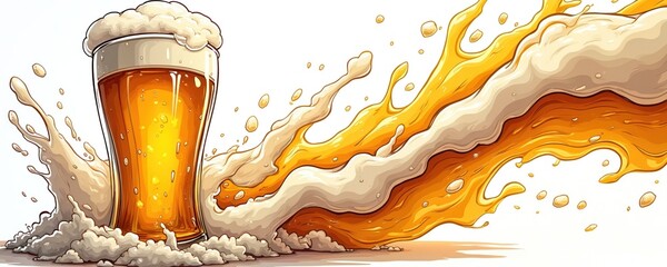 Illustration displays beer glass with foam overflow, splash effect on white background. Visual celebration for festive events. Artwork for advertising, brewery branding designs, product packaging,