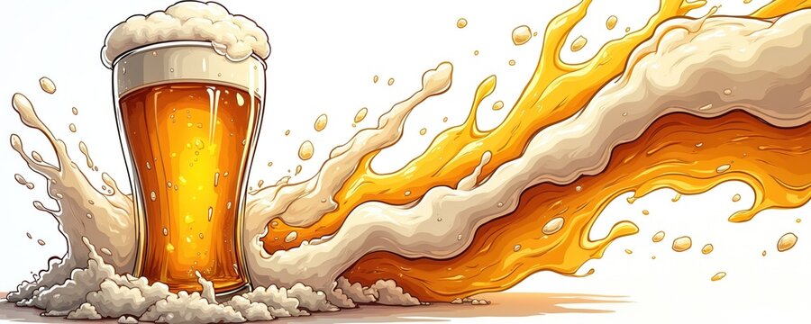 Illustration displays beer glass with foam overflow, splash effect on white background. Visual celebration for festive events. Artwork for advertising, brewery branding designs, product packaging,