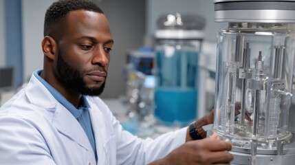 Black male biologist analyzing samples in a high-tech lab with a bioreactor and scientific equipment. 