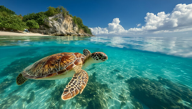 A vibrant sea turtle gliding through crystal-clear waters near a picturesque beach under a blue sky.