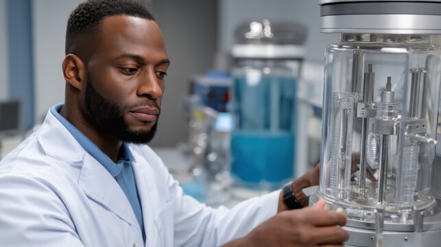 Black male biologist analyzing samples in a high-tech lab with a bioreactor and scientific equipment. 