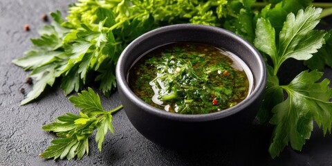 Bowl of fresh chimichurri sauce with green parsley and a hint of chili, placed on a dark, textured background. 