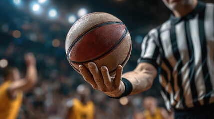 A referee raises a basketball in the air, ready to start the game. Blurred players can be seen waiting for the tip-off in an energetic atmosphere