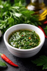 Bowl of chimichurri sauce with green parsley and chili, ideal for grilling, photographed on a dark surface. 