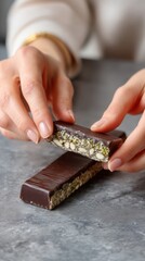 Breaking a luxurious chocolate bar with pistachio and knafeh filling, a woman's hands in focus on a grey stone table. 