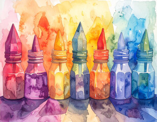 A vibrant handdrawn watercolor depiction of a row of small